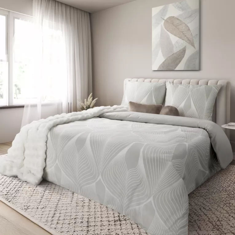 Pościel 140x200 cm komplet 2 częściowy satyna bawełniana kolor jasnoszary, biały zdobiony motywem geometrycznym SPRING 88