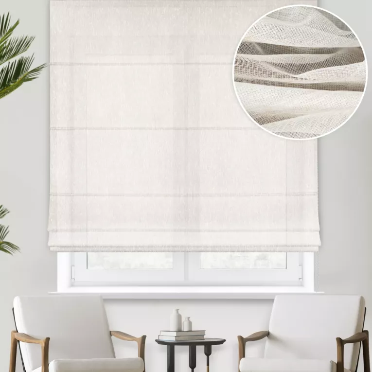 Roleta rzymska naturalno kremowa z matowej tkaniny z dodatkiem lnu, o naturalnym wyglądzie, z efektem deszczyku, wykończona obciążnikiem