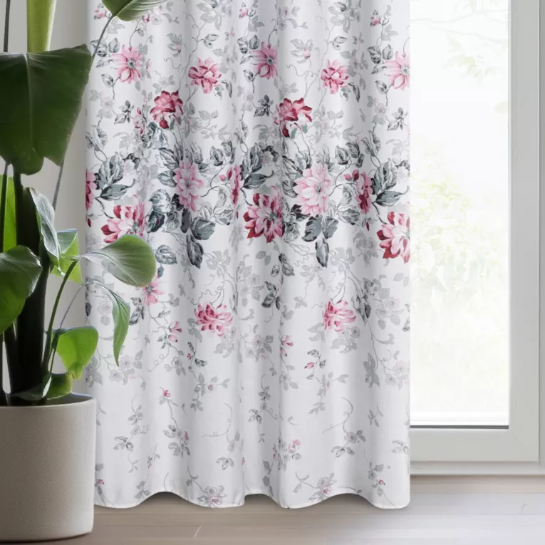 Zasłona srebrno różowa z kwiatowym nadrukiem, z lekkiej mikrofibry 140x250 cm przelotka - LEA - Design 91