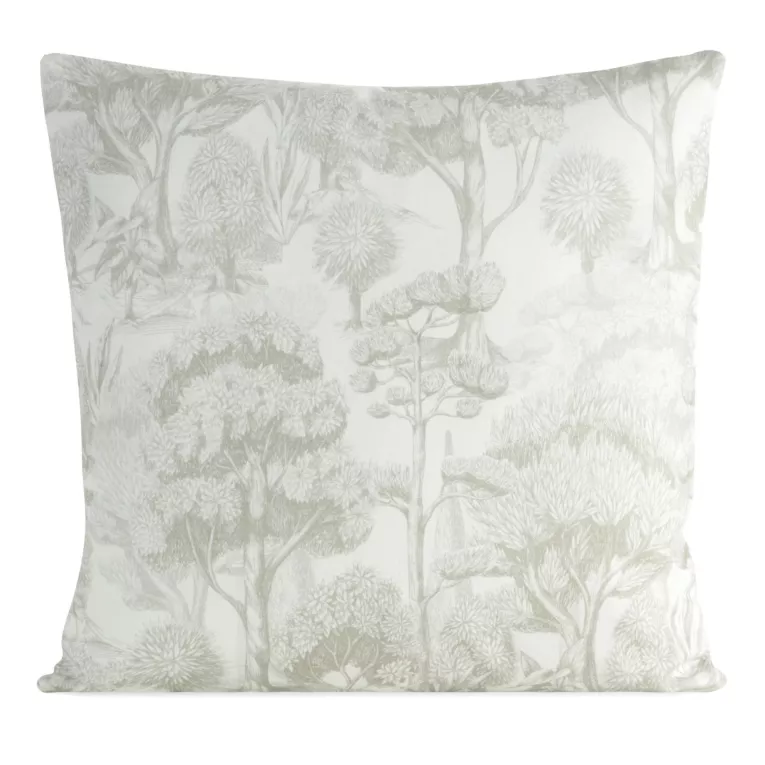 Poszewka na poduszkę 50x50 cm bawełniana z dodatkiem lnu zdobiona nadrukiem roślinnym kremowo, beżowa LEN