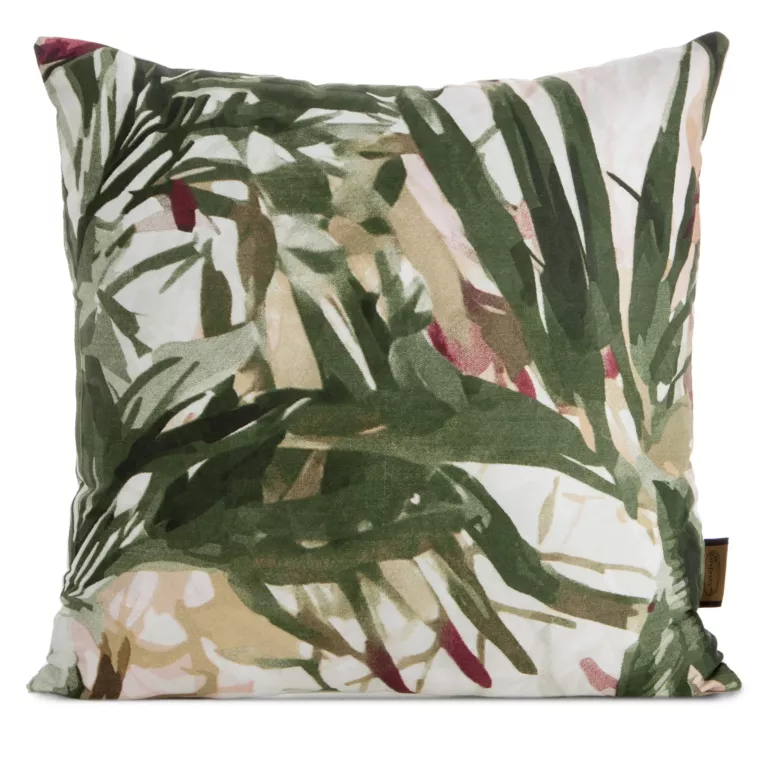 Poszewka na poduszkę 40x40 cm z satyny bawełnianej zielono, biała zdobiona nadrukiem egzotycznych liści SPRING 43