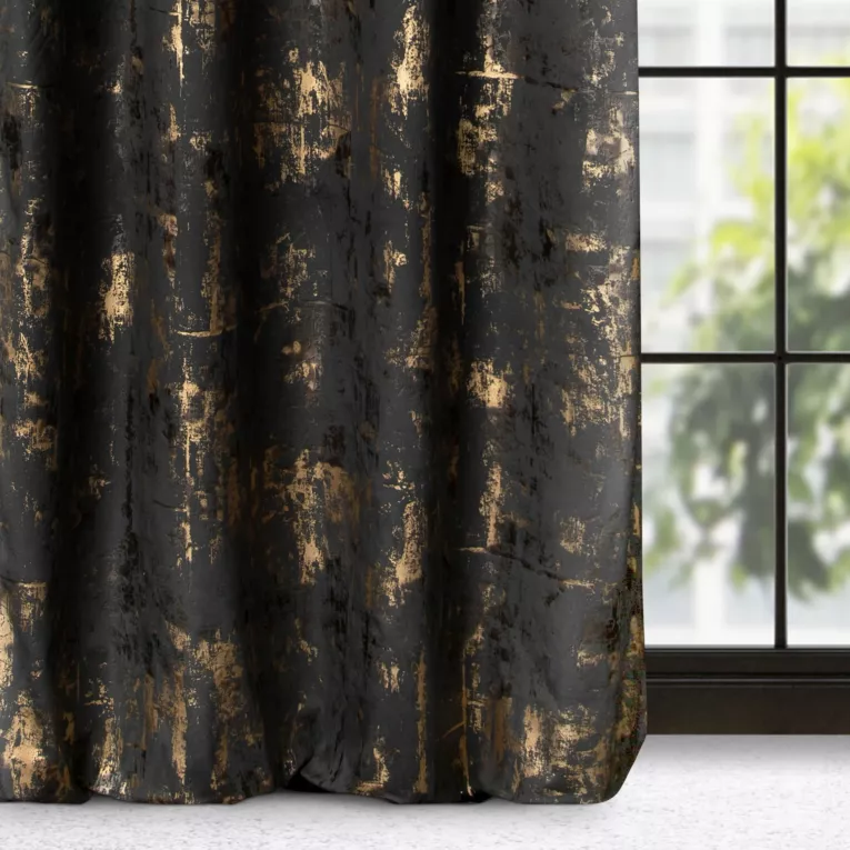 Zasłona czarna ze złotym nadrukiem przecierki 140x250 cm przelotka - TONIA