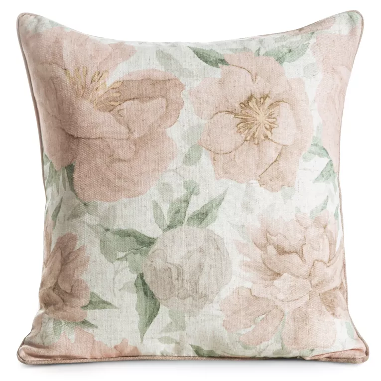 Poszewka na poduszkę 45x45 cm z dodatkiem lnu kolor naturalny, jasnopomarańczowy zdobiona wzorem letnich kwiatów KARLA