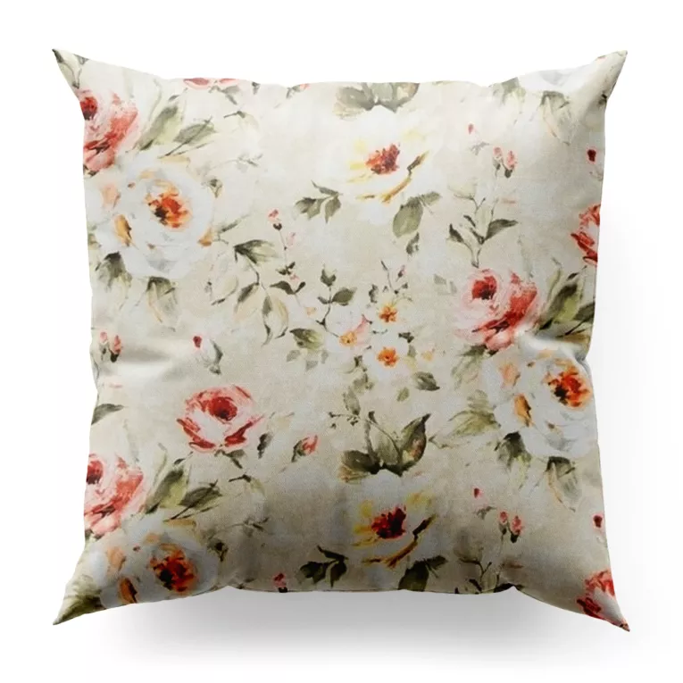 Poszewka szyta beżowo różowa z tkaniny o naturalnym splocie z nadrukowanym kwiatowym wzorem