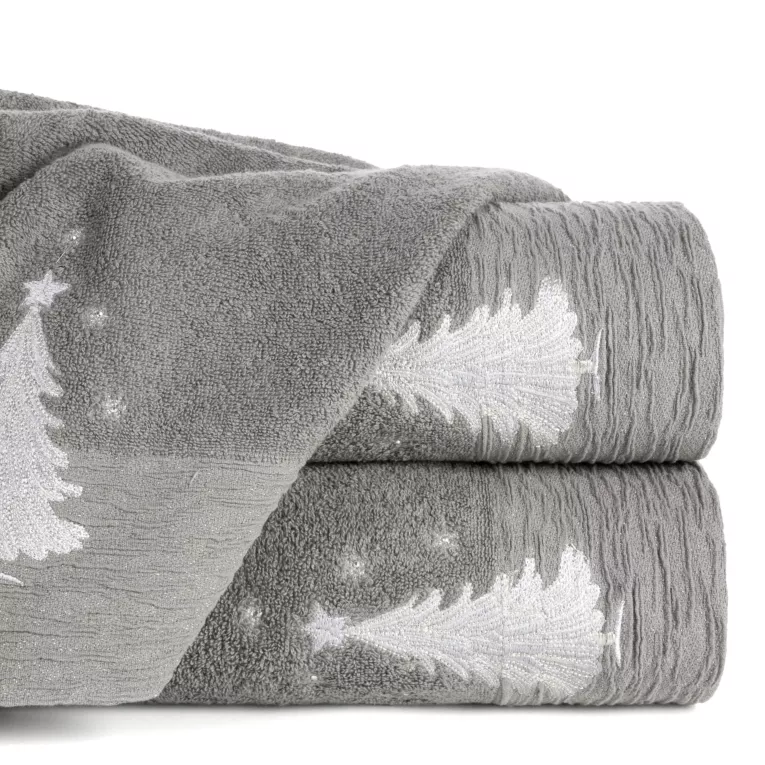 Ręcznik kąpielowy świąteczny 70x140 cm bawełniany kolor stalowy,srebrny zdobiony świątecznym haftem 480 g/m2 JOY