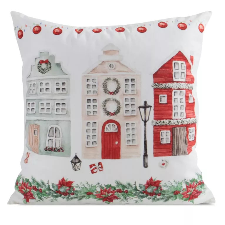 Poszewka na poduszkę welwetowa 45x45 cm zdobiona uroczym nadrukiem domków świątecznych