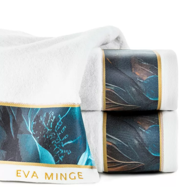 Ręcznik kąpielowy 50x90 cm bawełniany kolor biały,niebieski z designerską bordiurą 500 g/m2 Eva Minge