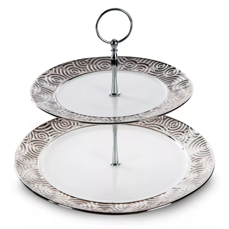 Patera piętrowa z ceramiki dekoracyjnej ALTEA ze srebrnymi wytłoczeniami