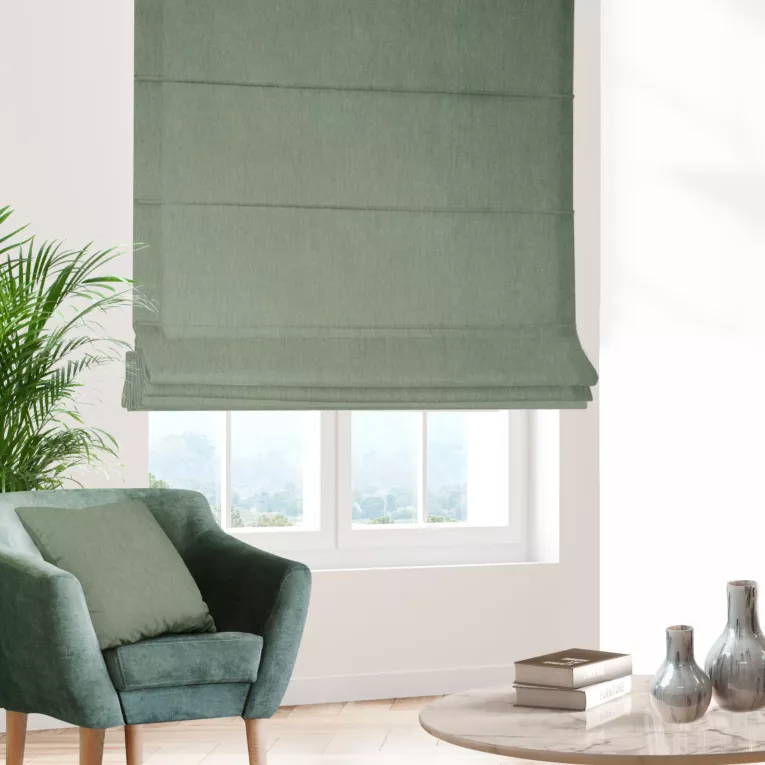 Roleta rzymska ciemnomiętowa z tkaniny o szenilowej strukturze