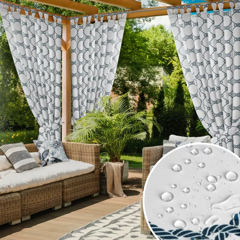 Zasłona biało, granatowa z wodoodpornej tkaniny idealna do ogrodu i na taras 155x200 cm szelki/rzep - GARDEN