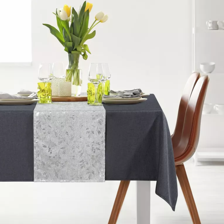 Komplet obrus z bieżnikiem stalowo, srebrny 140x300 cm ANITA 6 zdobiony subtelnym wzorem liści