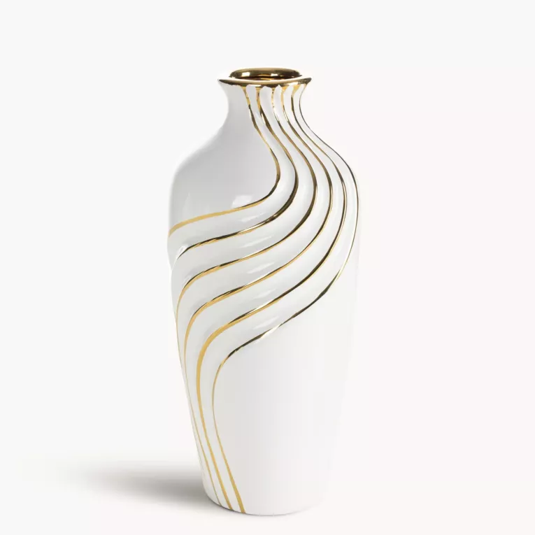 Wazon dekoracyjny biało, złoty zdobiony subtelnymi liniami 12x28 cm ESTELA