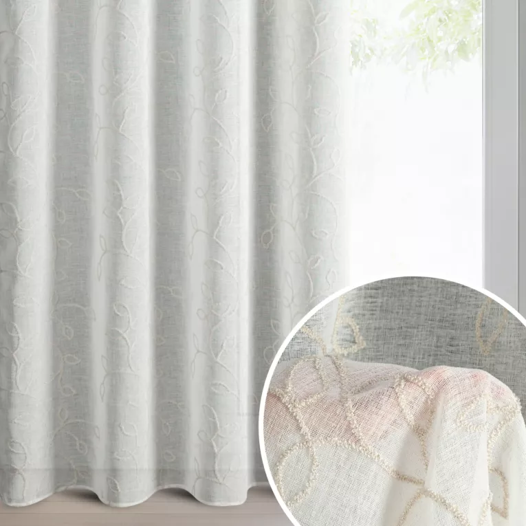 Zasłona biało, beżowa z tkaniny o naturalnym wyglądzie zdobiona szenilowym haftem 140x250 cm przelotki - ILENA