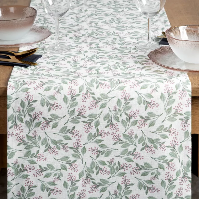 Bieżnik na stół plamoodporny 40x140 cm biało, zielony z motywem roślinnym - GRACE
