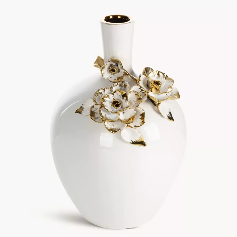 Wazon dekoracyjny biało, złoty zdobiony różami 3D  18x16x25 cm SARA