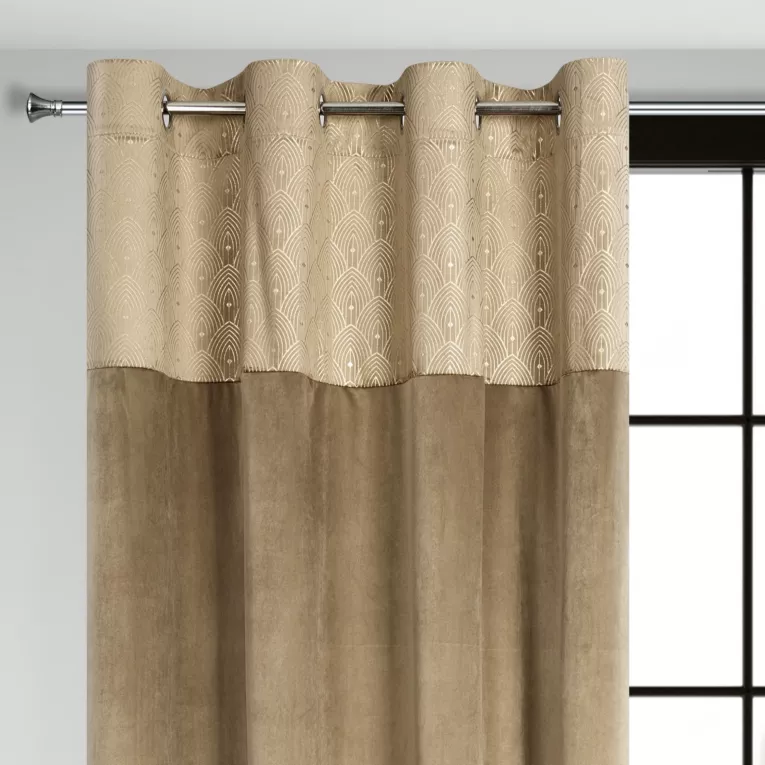 Zasłona beżowa z aplikacją z błyszczącego welwetu 140x250 cm przelotka - AGNES - Design 91