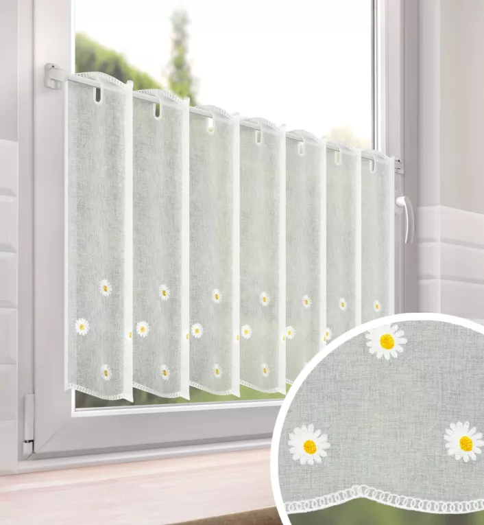 Zazdrostka biała z etaminy zdobiona haftem stokrotek 70x150 cm oczka - BELLIS