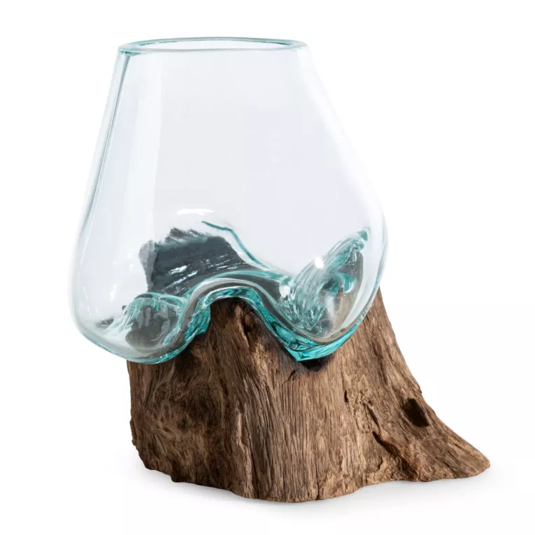 Świecznik dekoracyjny ze szkła artystycznego osadzony na korzeniu z drzewa tekowego