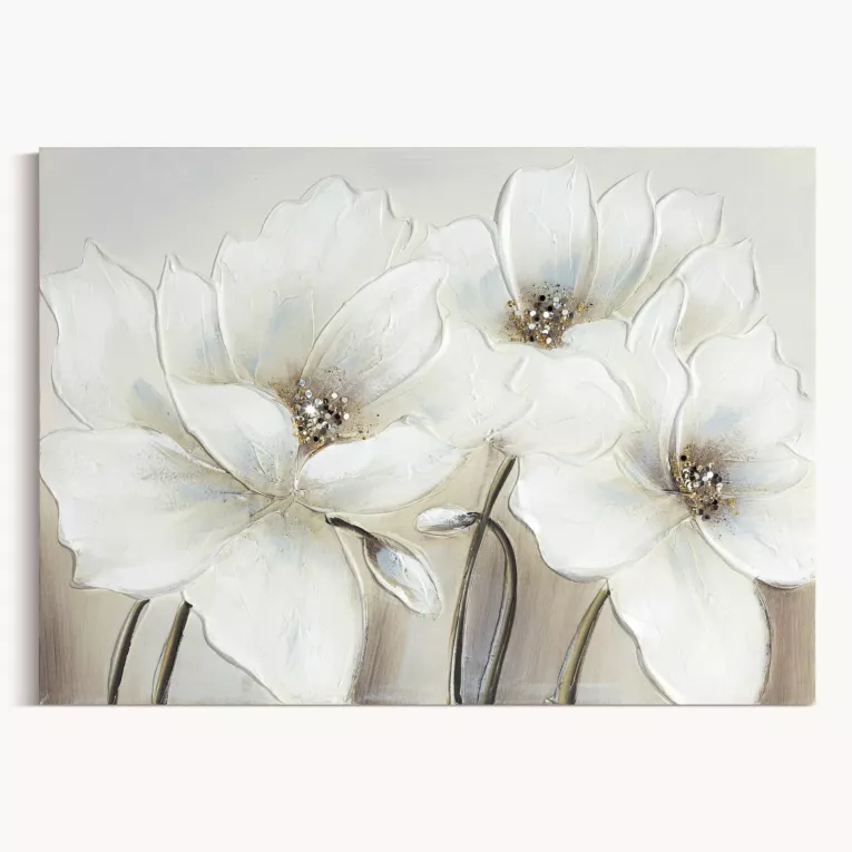 Obraz kremowo, beżowy ręcznie malowany na płótnie z motywem kwiatów 50x70 cm