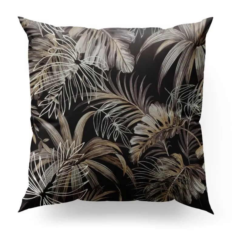 Poszewka szyta ciemnobrązowo srebrna miękka, welwetowa, z nadrukowanym motywem botanicznym i srebrnymi elementami