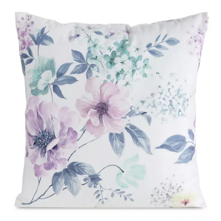 Poszewka na poduszkę 45x45 cm welwetowa biało, fioletowa zdobiona nadrukiem kwiatów MINK