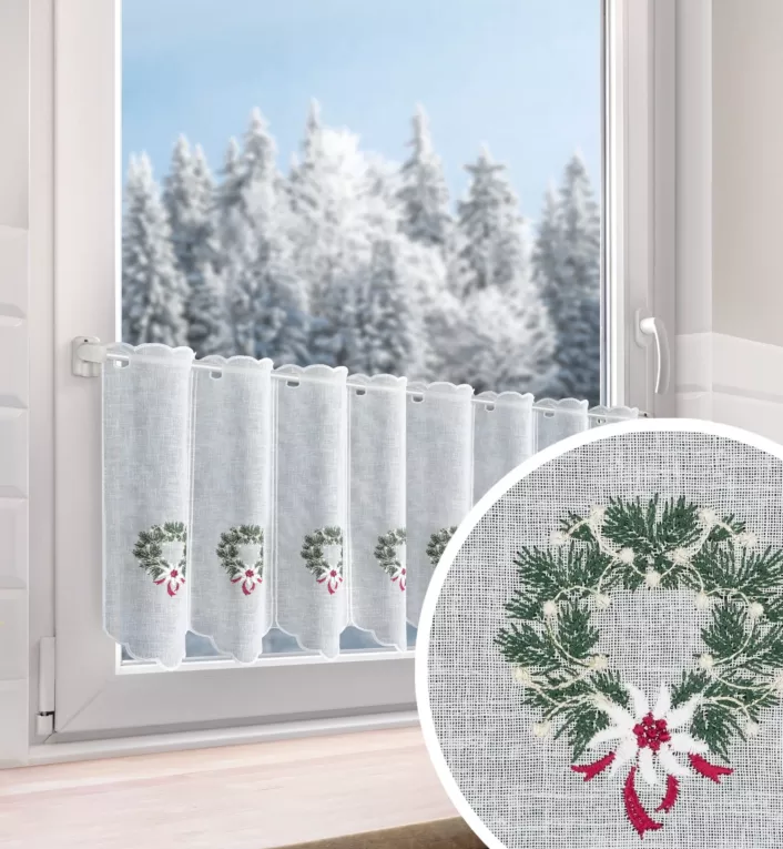 Tkanina firanowa zazdrostka zdobiona świątecznym haftem