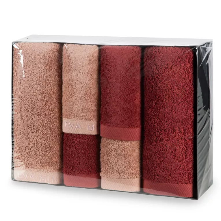 Zestaw ręczników bawełnianych na prezent 2 szt 30x50 cm, 2 szt 50x90 cm, 2 szt 70x140 cm kolor pudrowy róż, ceglasty z kolekcji Eva Minge