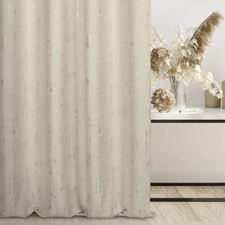 Zasłona szyta na taśmie 5 cm ciemnokremowo złocista z miękkiej tkaniny o strukturze weluru z połyskliwym nadrukiem