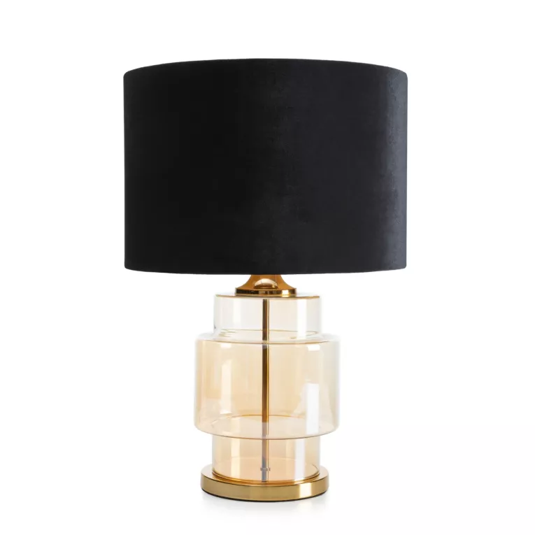 Lampa stołowa nocna czarno, jasnozłota IAN z transparentnego szkła z błyszczącym welwetowym abażurem