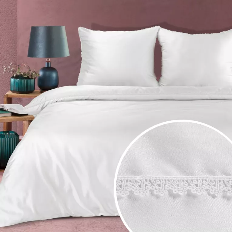 Pościel 220x200 cm komplet 3 częściowy z makosatyny bawełnianej kolor biały zdobiona subtelną koronką DIVA 20 - kolekcja FOREST SUMMER