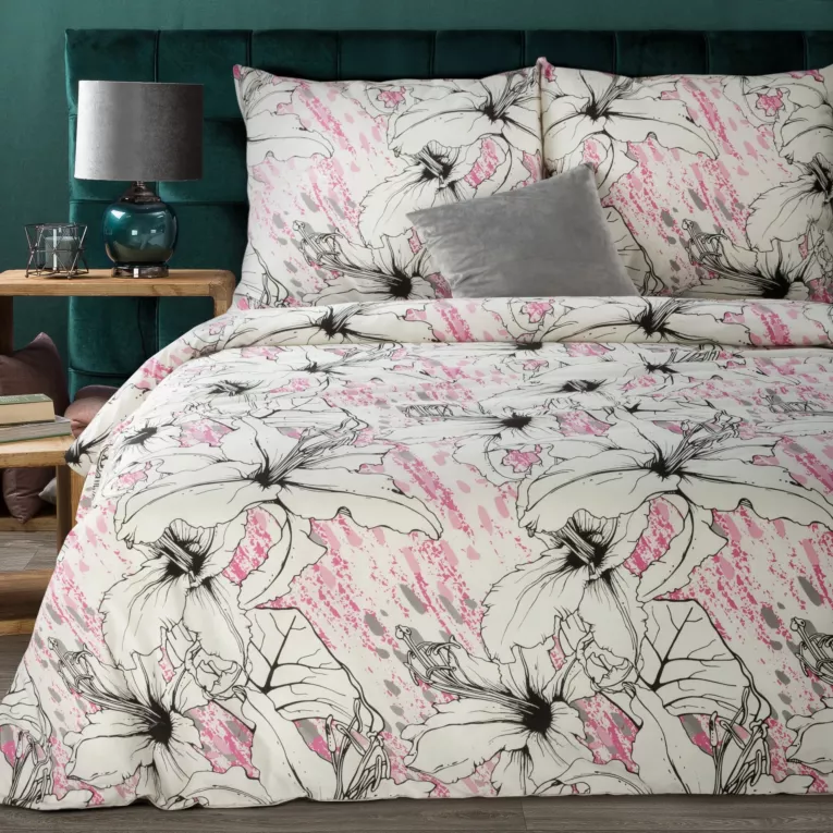 Pościel 220x200 cm bawełniana kolor kremowy, różowy wzór kwiatowy ELLA5 Ella Line