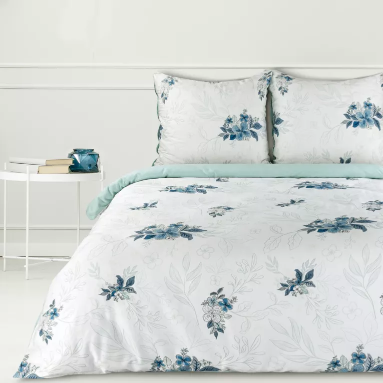 Pościel 220x200 cm bawełniana kolor biały niebieski z delikatnym wzorem roślinnym SPRING 16