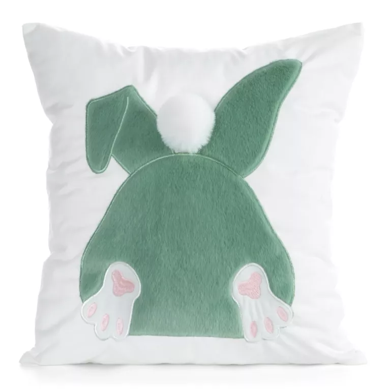 Wielkanocna poszewka na poduszkę 45x45 cm welwetowa z uroczym zajączkiem biało, szałwiowa WIOSNA 129