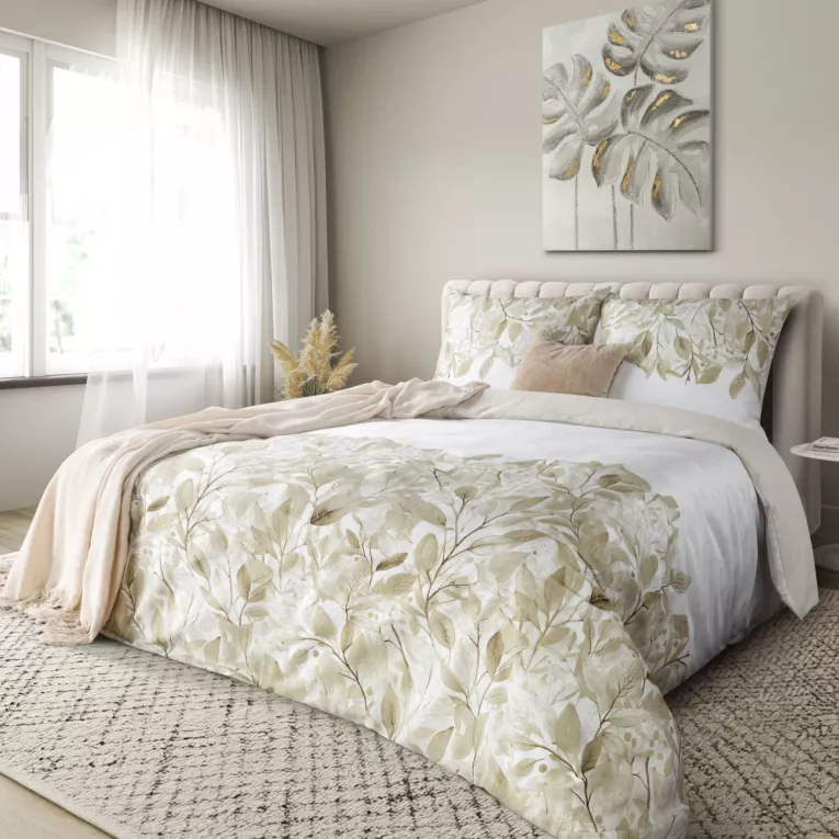 Pościel 160x200 cm z satyny bawełnianej kolor biało, beżowym z motywem roślinnym SPRING 70