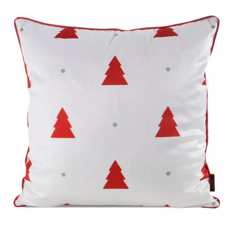 Poszewka na poduszkę świąteczna 45x45 cm biało, czerwona zdobiona nadrukiem choinek i elegancką wypustką
