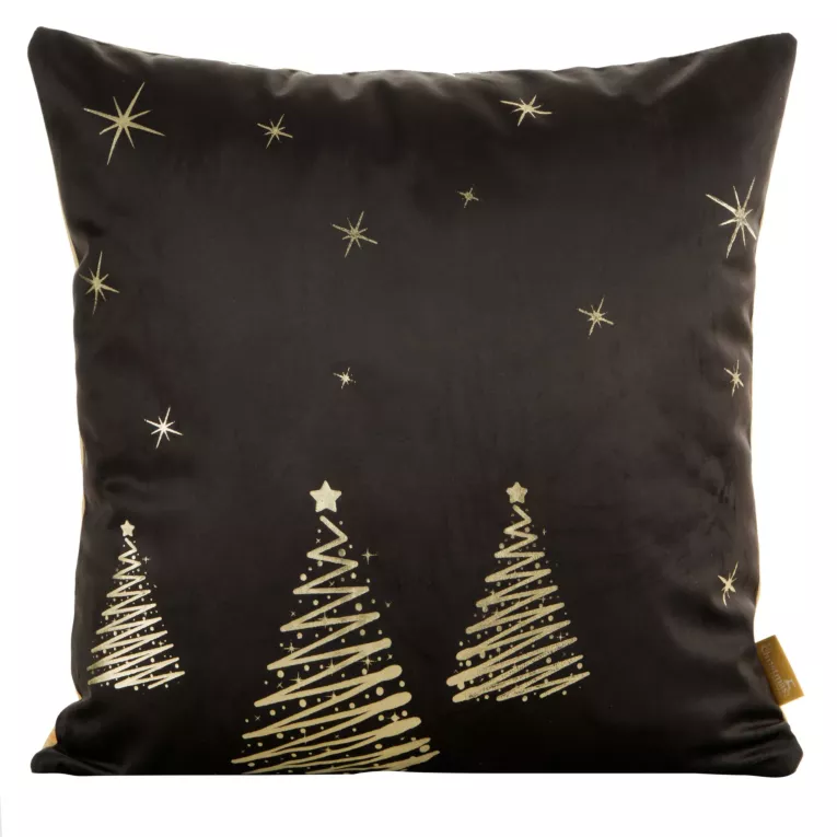 Poszewka na poduszkę 45x45 cm welwetowa, czarno złota ze świątecznym motywem, dwustronna EVE