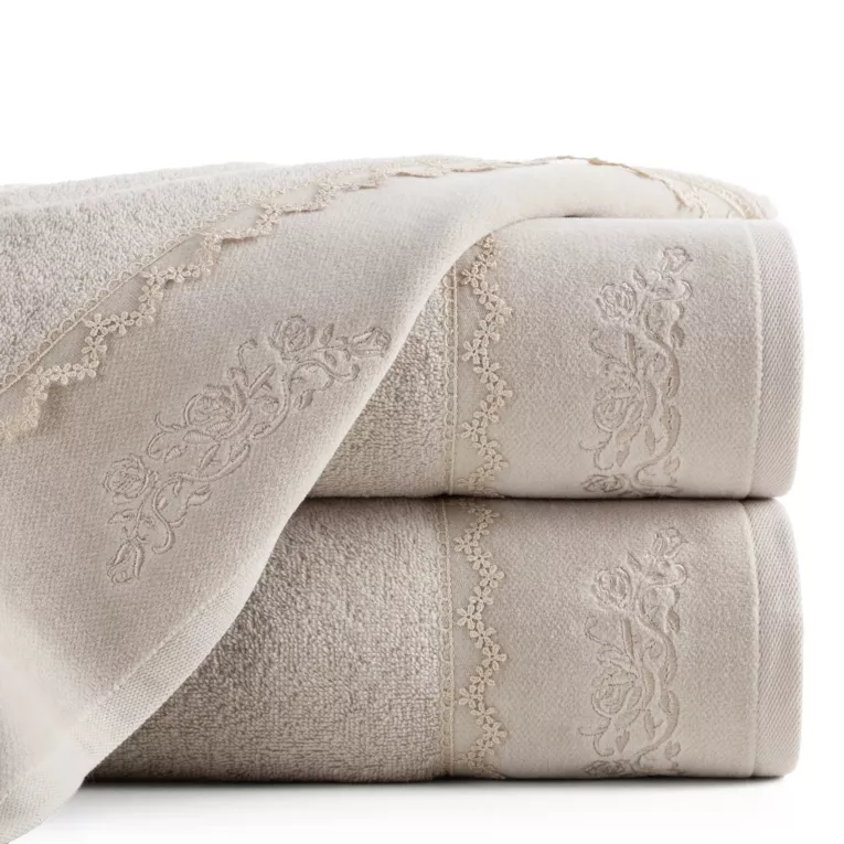 Ręcznik do rąk 30x50 cm bawełniany kolor beżowy, złoty z zdobiony delikatną koronką 500 g/m2 NIKI