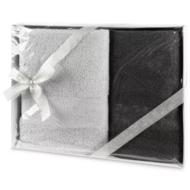 Zestaw ręczników bawełnianych na prezent 2 szt kolor srebrny,stalowy 450 g/m2 BLINK