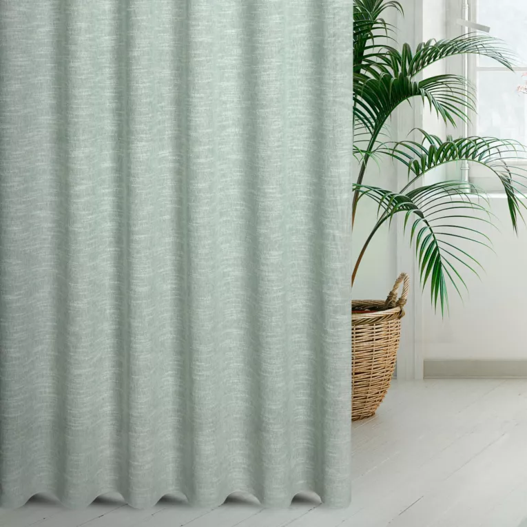 Zasłona szyta na taśmie 5 cm miętowa z matowej luźnotkanej tkaniny z efektem melanżu, wykończona obciążnikiem