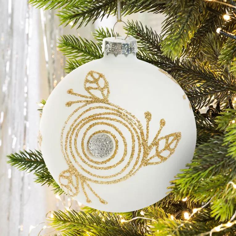 Bombka szklana ręcznie zdobiona brokatowym wzorem i kryształkiem