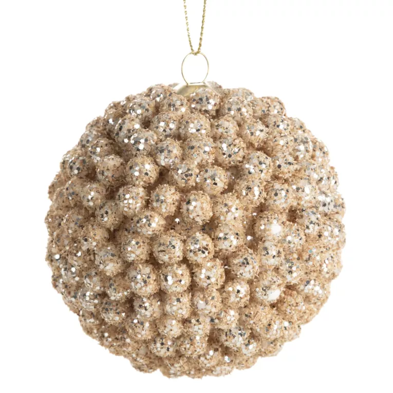Bombka choinkowa zdobiona wypukłym wzorem i lśniącymi drobinkami