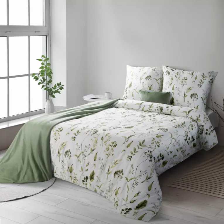 Pościel 140x200 cm komplet 2 częściowy satyna bawełniana kolor oliwkowo, biały zdobiony motywem roślinnym  SPRING 105