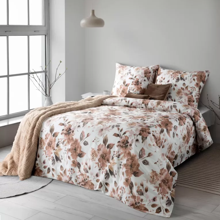 Pościel 220x200 cm z satyny bawełnianej kolor biało, pudrowy z motywem kwiatów SPRING 76