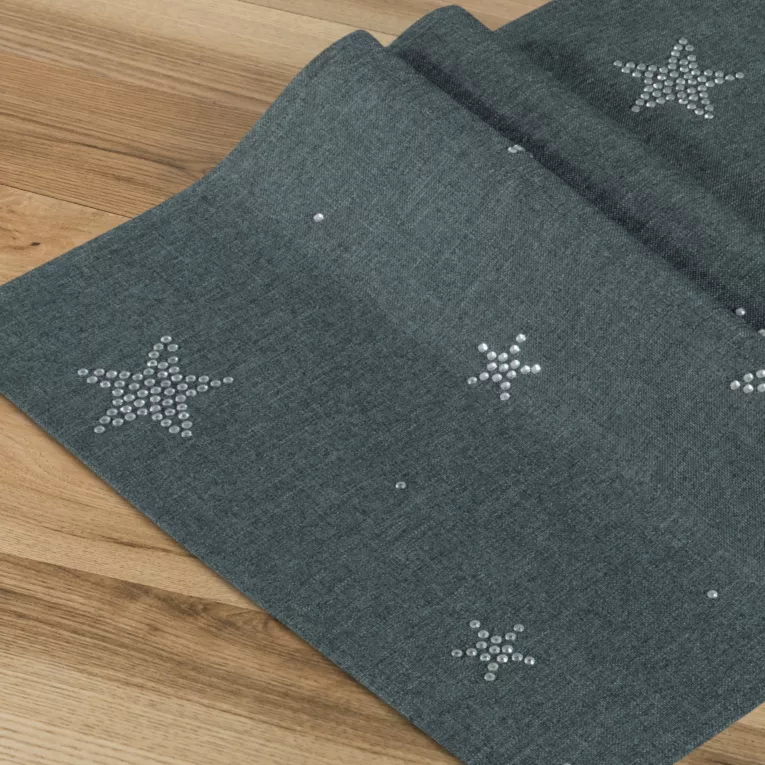 Bieżnik na stół grafitowy 33x180 cm świąteczny MERRY z aplikacją z gwiazdkami z cyrkonii