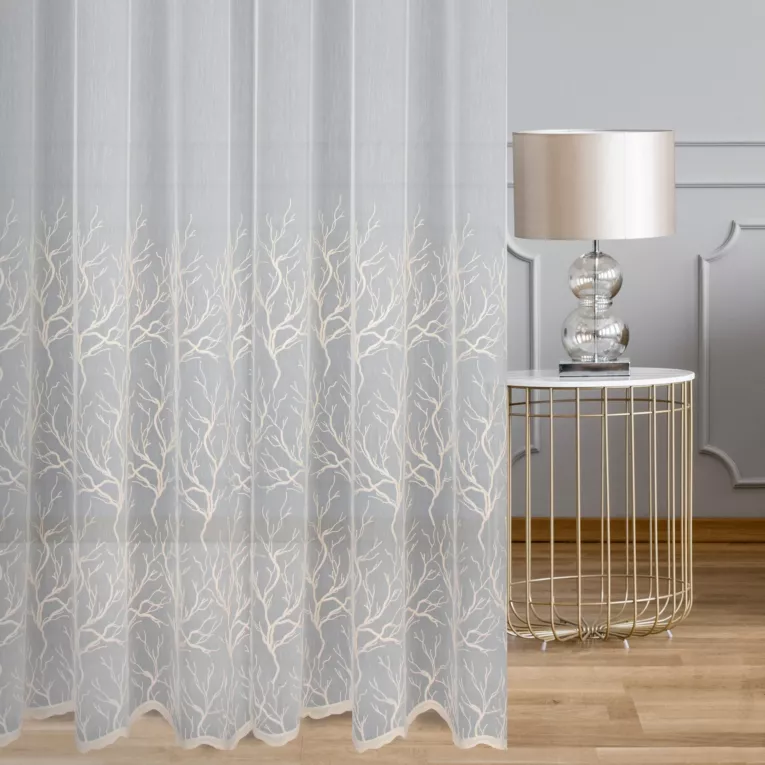 Firana szyta na taśmie 5 cm naturalno beżowa z matowej tkaniny ADEN haftowanej w botaniczny wzór