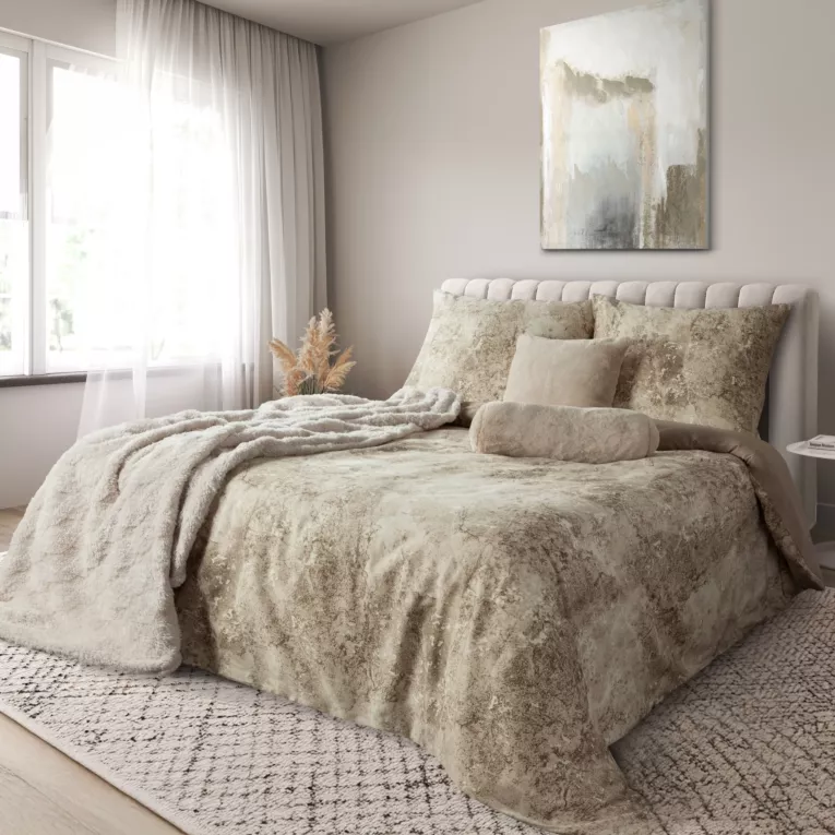 Pościel 220x200 cm satyna bawełniana kolor jasnobrązowy, beżowy z wzorem marmuru SPRING 77