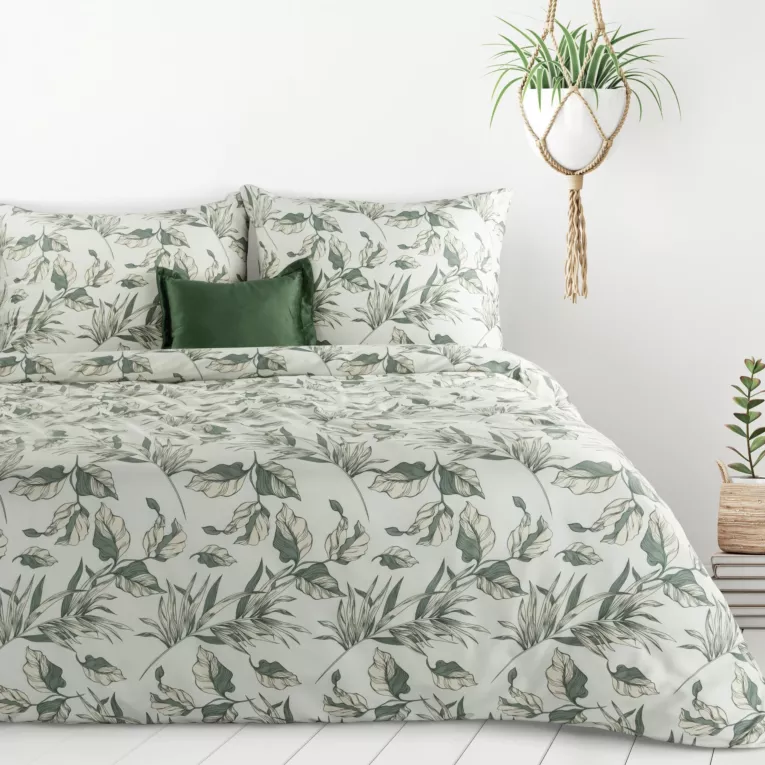 Pościel 160x200 cm komplet 3 częściowy kolor zielono, biały z motywem liści DONNA Design 91