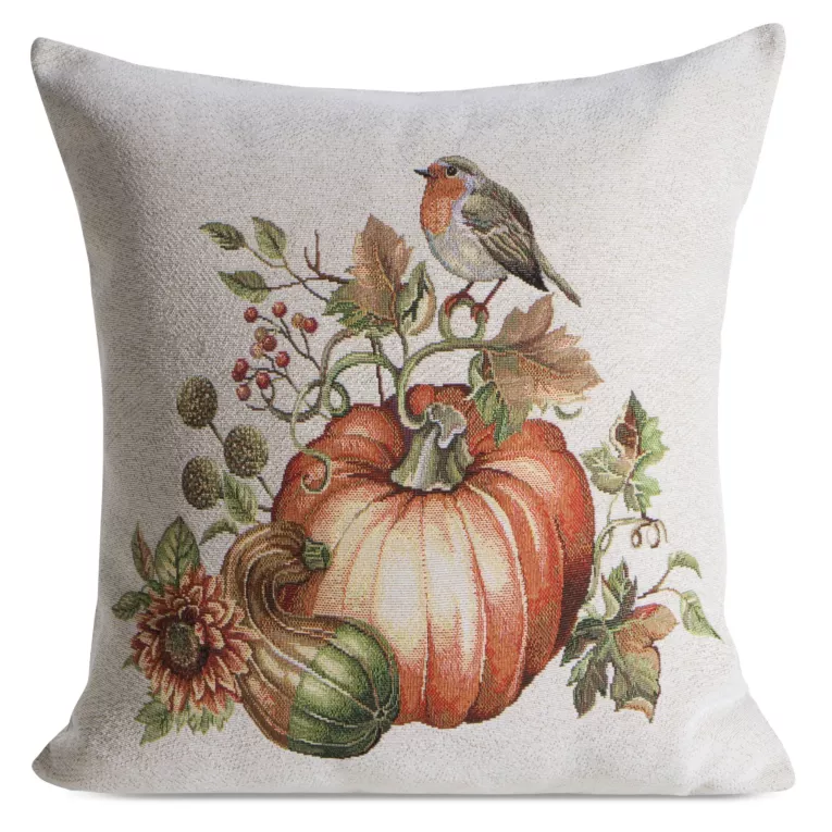 Poszewka na poduszkę 45x45 cm gobelinowa naturalno, pomarańczowa z motywem jesieni GOB