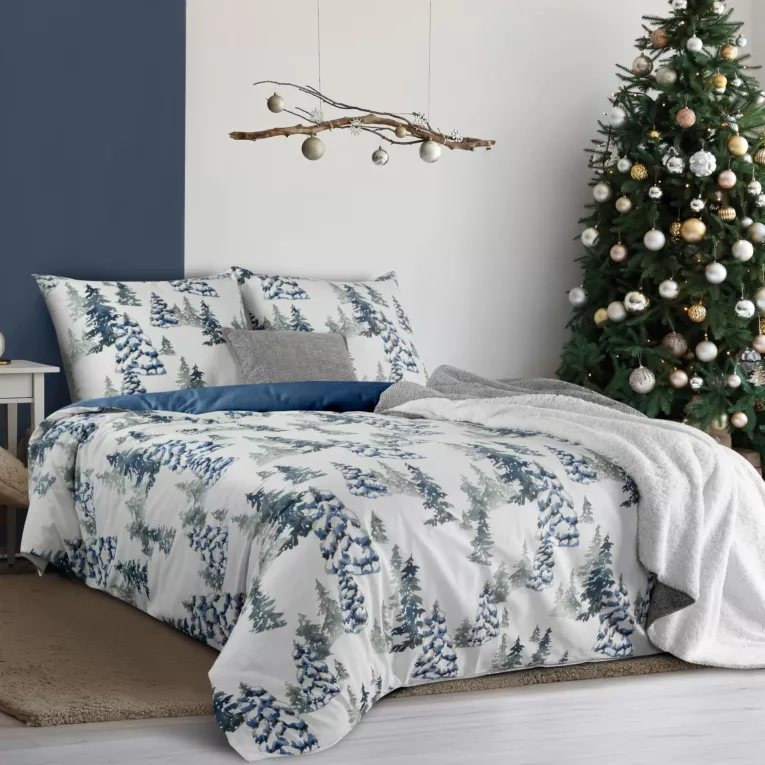 Pościel świąteczna 140x200 cm z bawełny ranforce, kolor biały, granatowy zdobiona nadrukiem zimowym NATAL