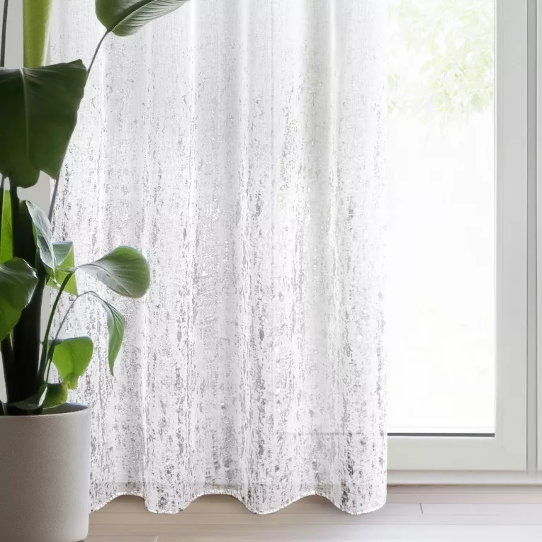 Firana biało, srebrzysta zdobiona nadrukiem przecierki 140x250 cm przelotka OLIVIA